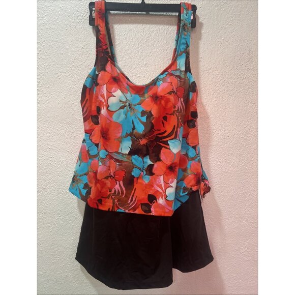 Maxine of Hollywood One Piece Swim Suit 16 Brown Floral Tropical Print Built Bra - Picture 1 of 14